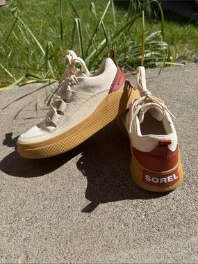 Sorel Cream Canvas Platform Sneakers with Tan Sole and Rust Accent